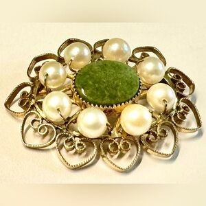 Henry Griffith Gold Filled Filigree Nephrite Jade Pearl Pin Brooch
